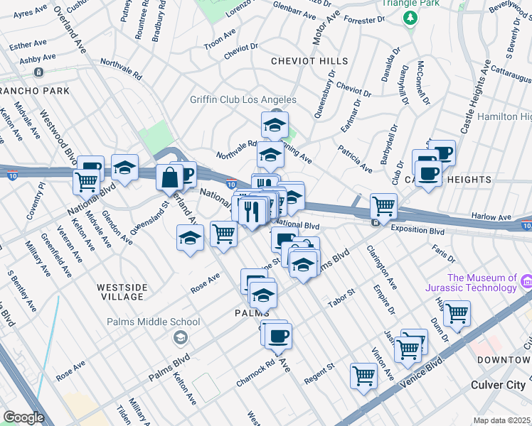 map of restaurants, bars, coffee shops, grocery stores, and more near 10405 Irene Street in Los Angeles
