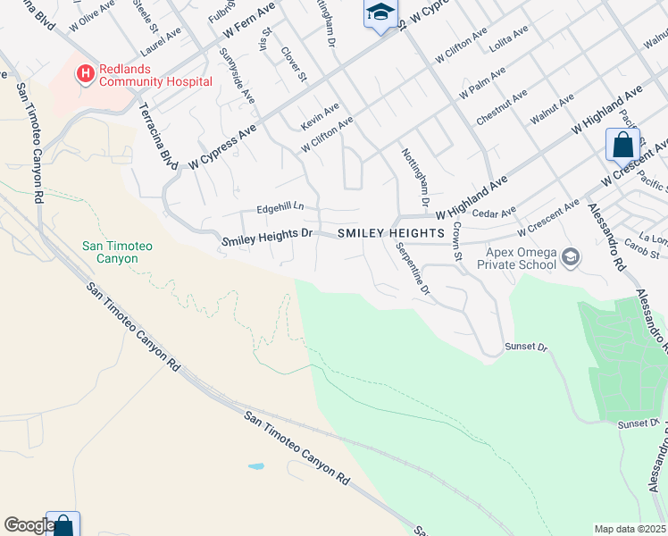 map of restaurants, bars, coffee shops, grocery stores, and more near 1471 Rosehill Crest in Redlands