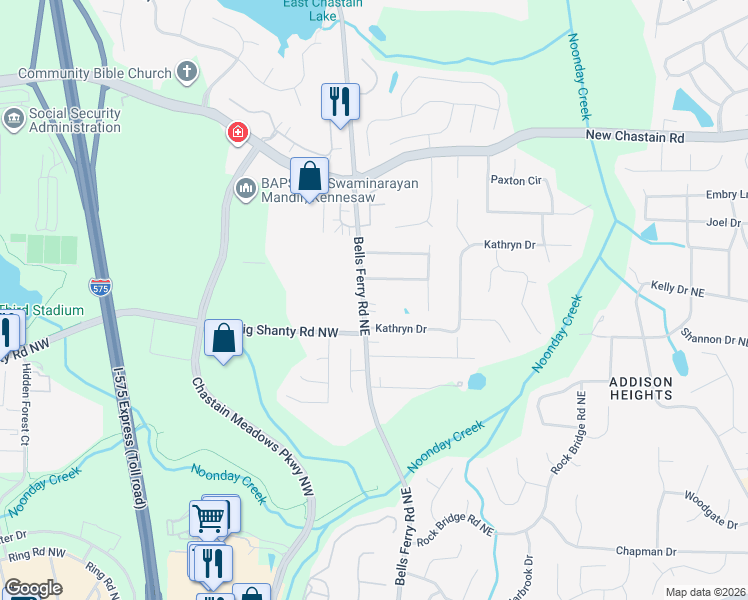map of restaurants, bars, coffee shops, grocery stores, and more near 49 Christine Drive Northeast in Marietta