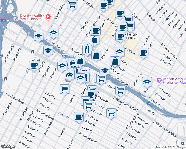 map of restaurants, bars, coffee shops, grocery stores, and more near 1626 Wall Street in Los Angeles