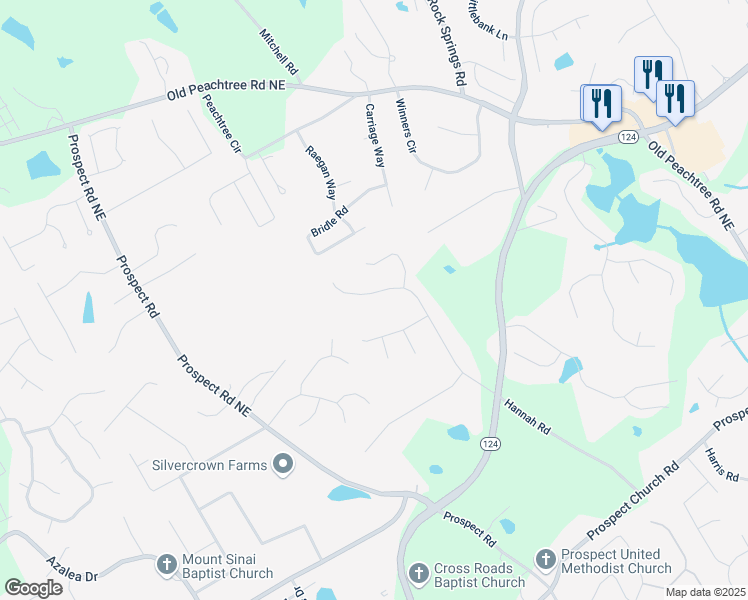 map of restaurants, bars, coffee shops, grocery stores, and more near 1900 Shady Creek Lane Northeast in Lawrenceville