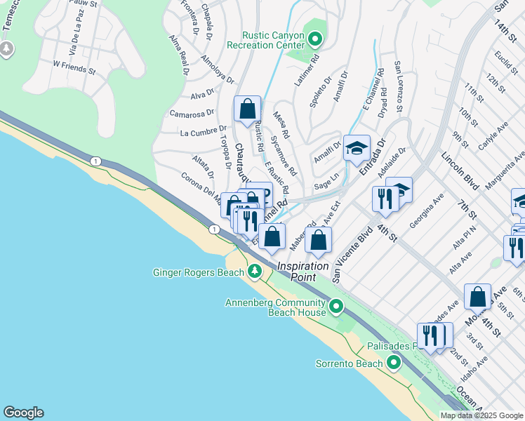 map of restaurants, bars, coffee shops, grocery stores, and more near 212 Chautauqua Boulevard in Los Angeles