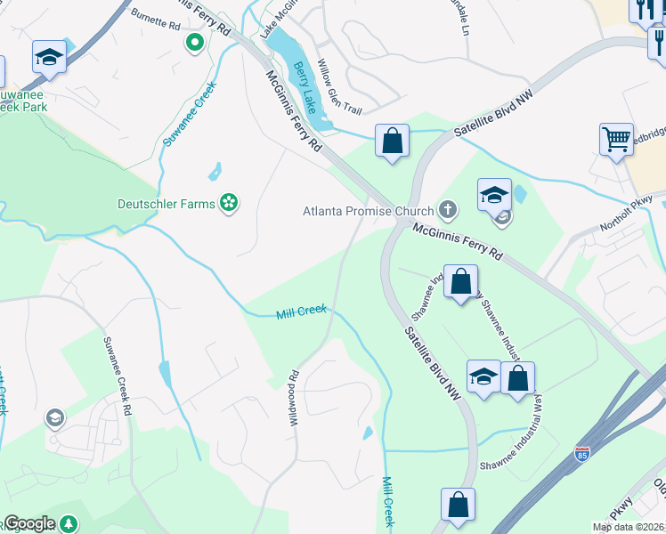 map of restaurants, bars, coffee shops, grocery stores, and more near 3380 Wildwood Road in Suwanee