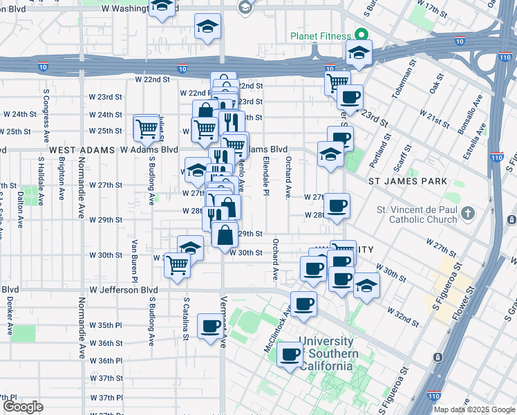 map of restaurants, bars, coffee shops, grocery stores, and more near 2727 Ellendale Place in Los Angeles