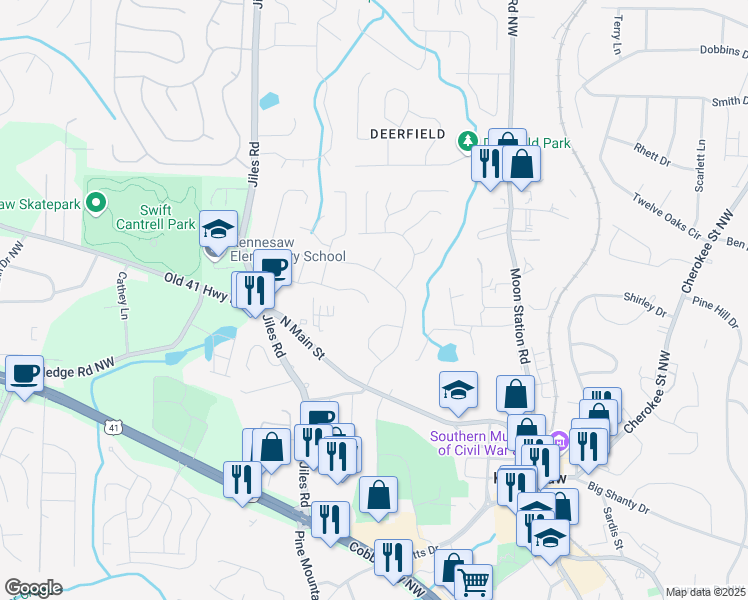 map of restaurants, bars, coffee shops, grocery stores, and more near 1175 Kennesaw Springs Drive Northwest in Kennesaw