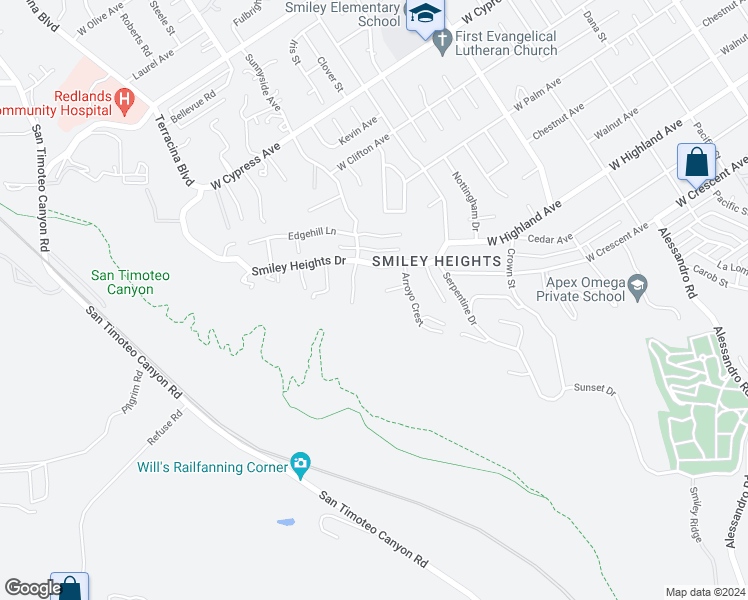 map of restaurants, bars, coffee shops, grocery stores, and more near 1471 Rosehill Crest in Redlands