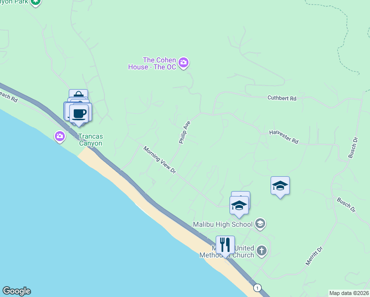map of restaurants, bars, coffee shops, grocery stores, and more near 6000 Philip Avenue in Malibu