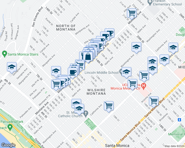map of restaurants, bars, coffee shops, grocery stores, and more near 832 Euclid Street in Santa Monica