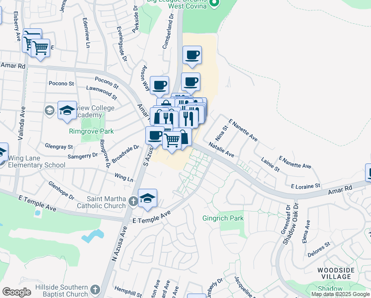 map of restaurants, bars, coffee shops, grocery stores, and more near 1559 Amar Road in West Covina