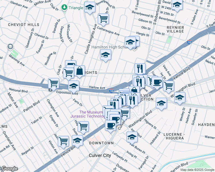 map of restaurants, bars, coffee shops, grocery stores, and more near 3355 South Canfield Avenue in Los Angeles