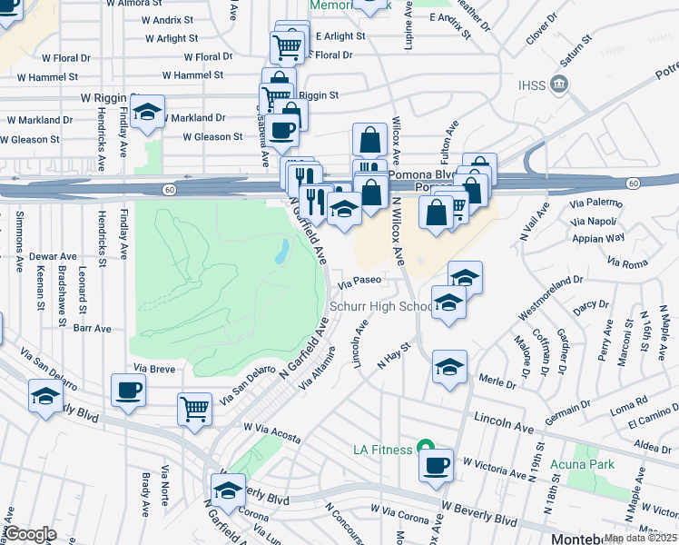 map of restaurants, bars, coffee shops, grocery stores, and more near 820 North Garfield Avenue in Montebello