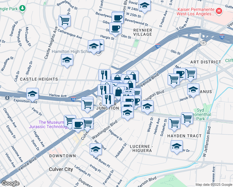 map of restaurants, bars, coffee shops, grocery stores, and more near 8933 National Boulevard in Los Angeles