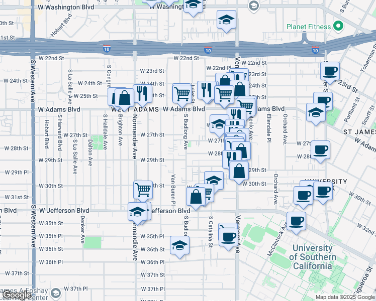 map of restaurants, bars, coffee shops, grocery stores, and more near 2711 South Budlong Avenue in Los Angeles