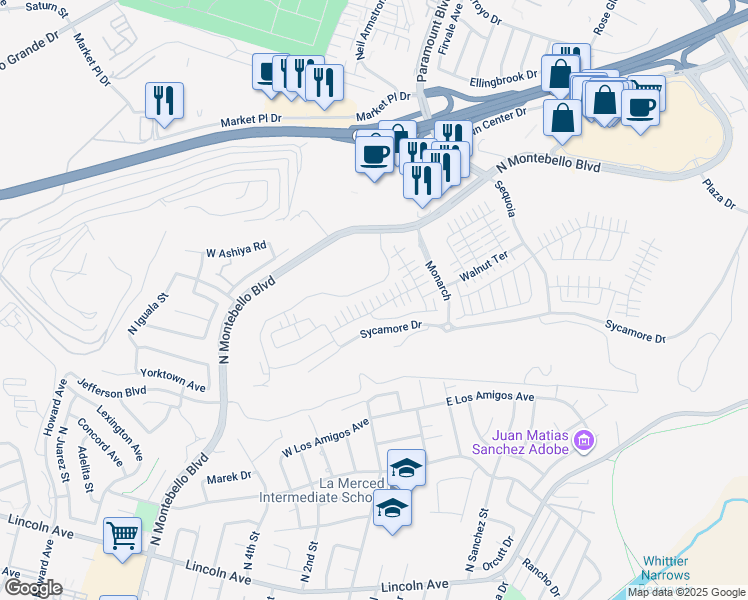 map of restaurants, bars, coffee shops, grocery stores, and more near 1198 Poppy Court in Montebello