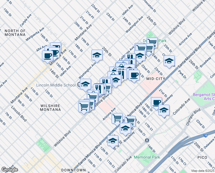 map of restaurants, bars, coffee shops, grocery stores, and more near 1141 17th Street in Santa Monica