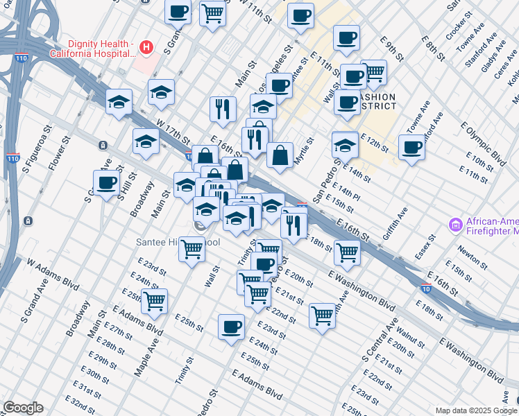 map of restaurants, bars, coffee shops, grocery stores, and more near 1710 Maple Avenue in Los Angeles