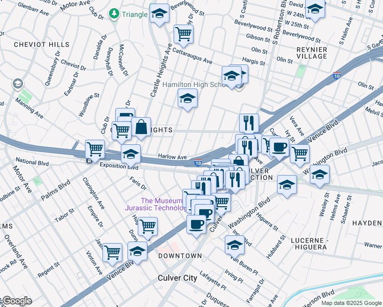 map of restaurants, bars, coffee shops, grocery stores, and more near 3355 South Canfield Avenue in Los Angeles