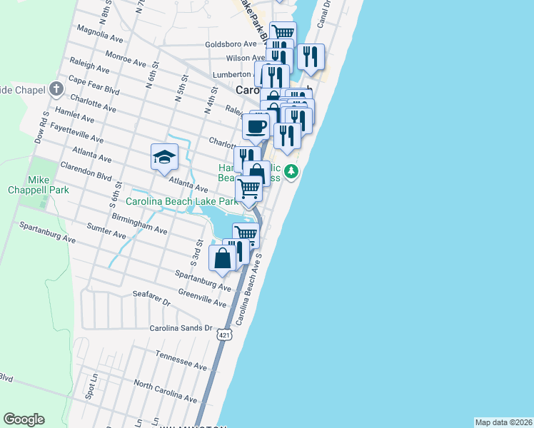 map of restaurants, bars, coffee shops, grocery stores, and more near 303 Carolina Beach Avenue South in Carolina Beach