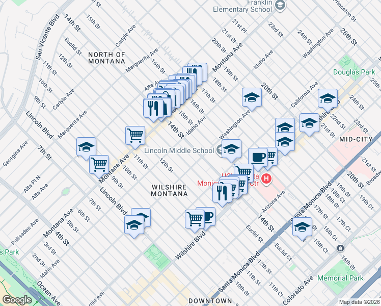 map of restaurants, bars, coffee shops, grocery stores, and more near 925 14th Street in Santa Monica