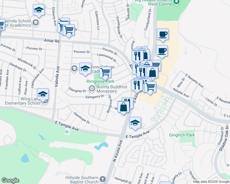 map of restaurants, bars, coffee shops, grocery stores, and more near 17024 Sam Gerry Drive in La Puente