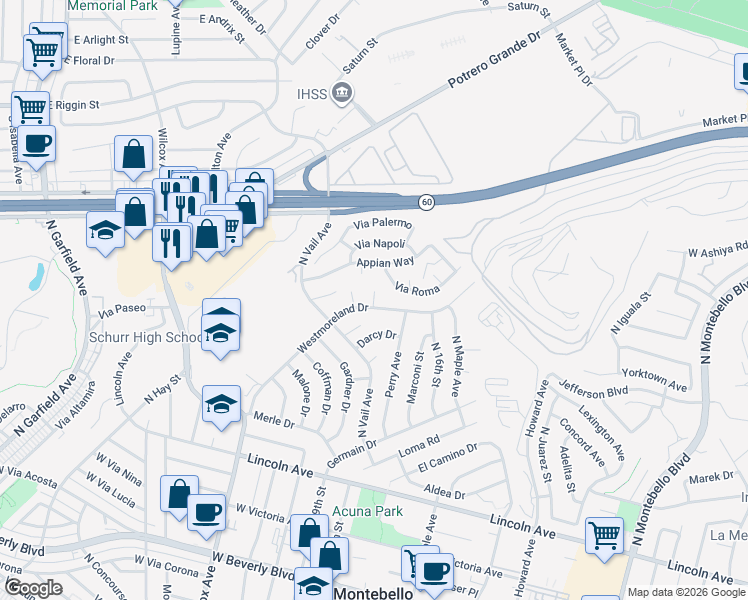 map of restaurants, bars, coffee shops, grocery stores, and more near 905 Brighton Way in Montebello