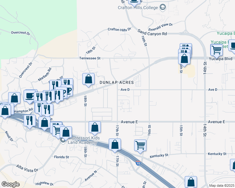 map of restaurants, bars, coffee shops, grocery stores, and more near 12325 17th Street in Yucaipa