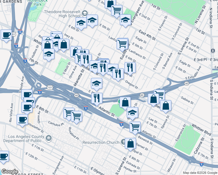 map of restaurants, bars, coffee shops, grocery stores, and more near in Los Angeles