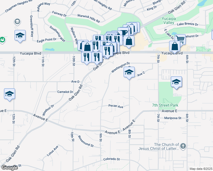 map of restaurants, bars, coffee shops, grocery stores, and more near 33540 Washington Drive in Yucaipa
