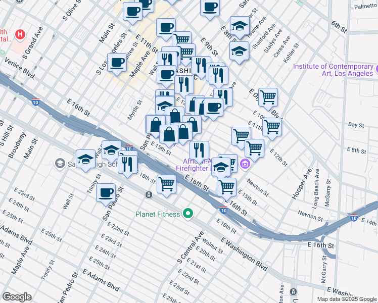 map of restaurants, bars, coffee shops, grocery stores, and more near 773 East 14th Place in Los Angeles