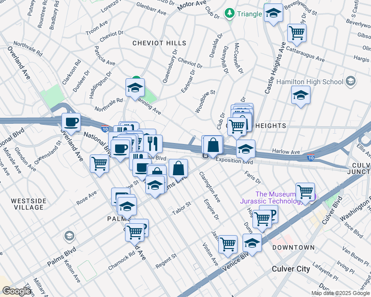 map of restaurants, bars, coffee shops, grocery stores, and more near Santa Monica Freeway in Los Angeles