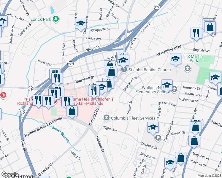 map of restaurants, bars, coffee shops, grocery stores, and more near 3111 Farrow Road in Columbia
