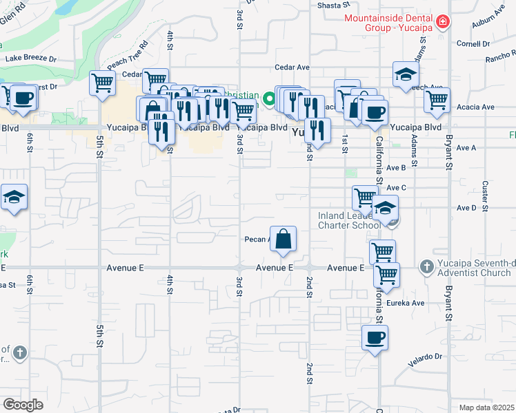 map of restaurants, bars, coffee shops, grocery stores, and more near 12279 3rd Street in Yucaipa
