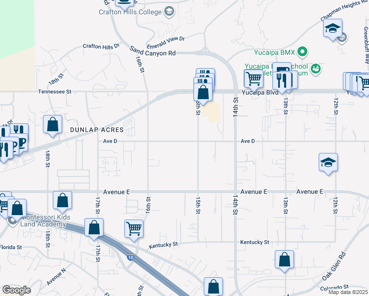 map of restaurants, bars, coffee shops, grocery stores, and more near 32208 Avenue D in Yucaipa