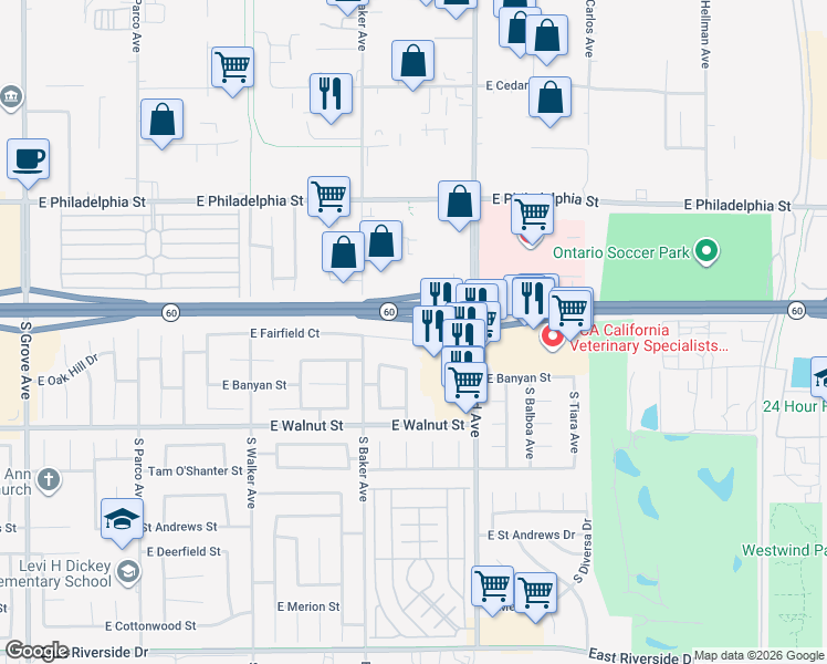 map of restaurants, bars, coffee shops, grocery stores, and more near 1749 East Fairfield Court in Ontario