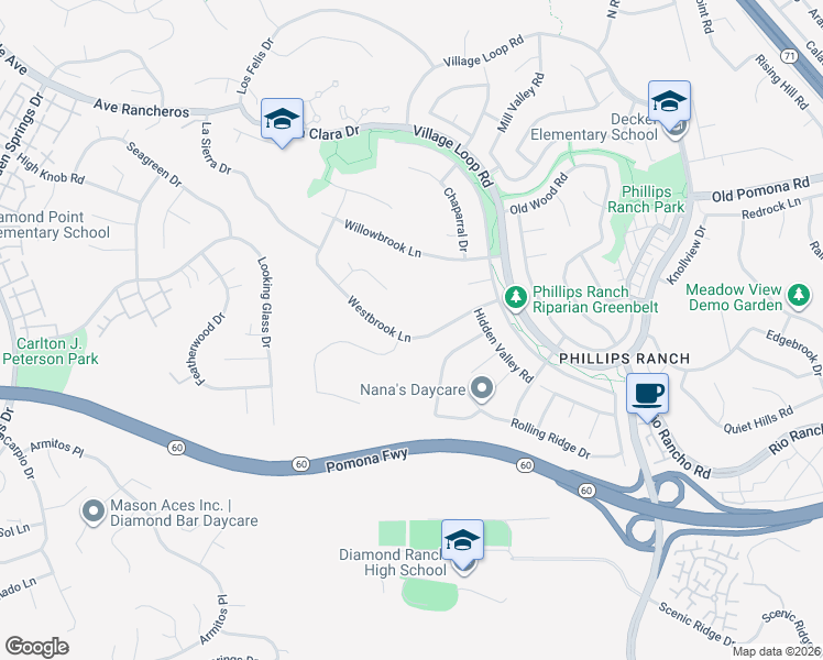 map of restaurants, bars, coffee shops, grocery stores, and more near 27 Westbrook Lane in Pomona