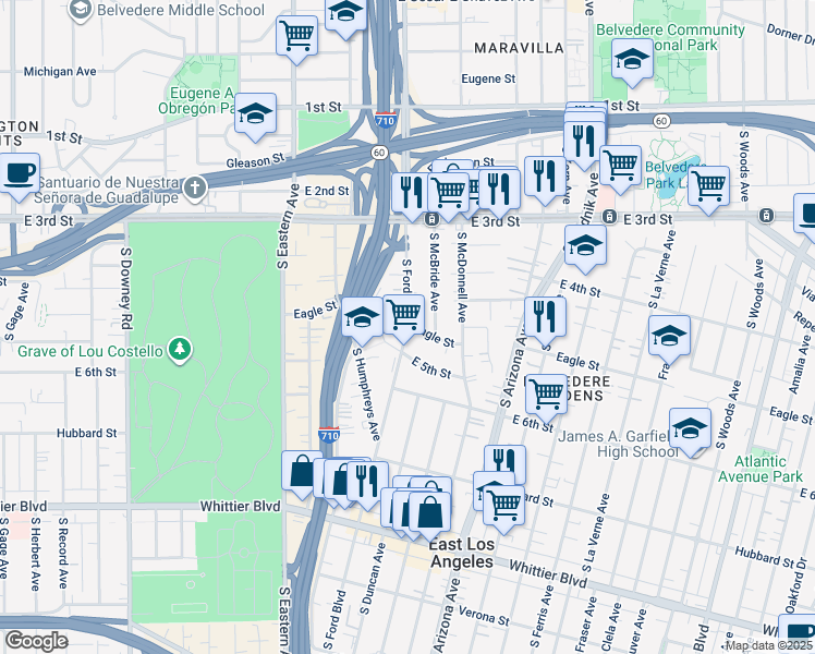 map of restaurants, bars, coffee shops, grocery stores, and more near 439 South McBride Avenue in East Los Angeles