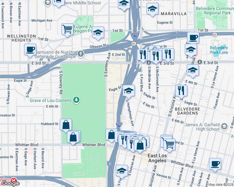 map of restaurants, bars, coffee shops, grocery stores, and more near 4335 Eagle Street in East Los Angeles