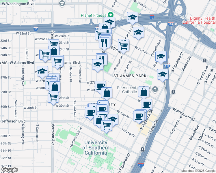 map of restaurants, bars, coffee shops, grocery stores, and more near 2653 Hoover Street in Los Angeles