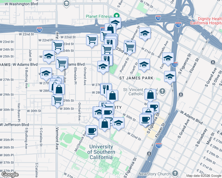 map of restaurants, bars, coffee shops, grocery stores, and more near 2653 Hoover Street in Los Angeles
