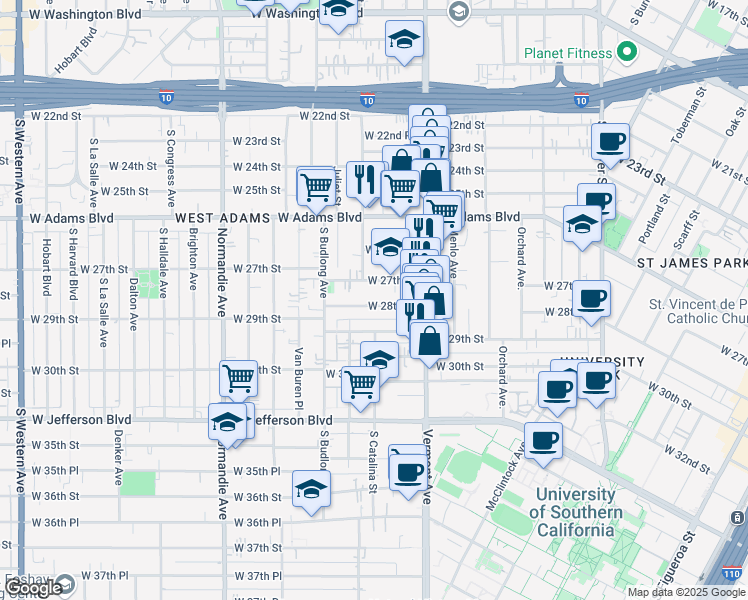 map of restaurants, bars, coffee shops, grocery stores, and more near 1494 1/2 West 27th Street in Los Angeles