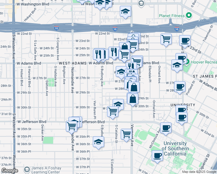 map of restaurants, bars, coffee shops, grocery stores, and more near 1494 1/2 West 27th Street in Los Angeles