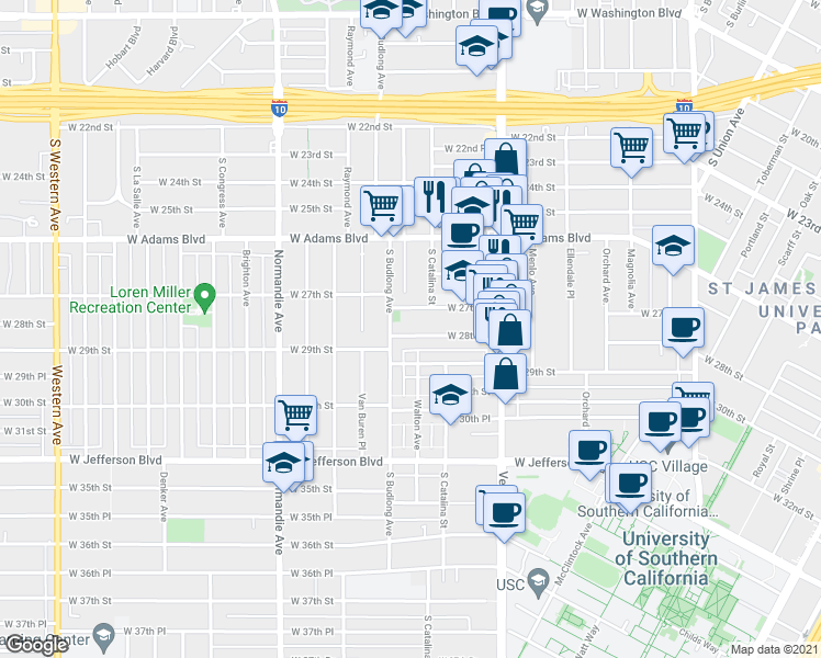 map of restaurants, bars, coffee shops, grocery stores, and more near 1494 1/2 West 27th Street in Los Angeles