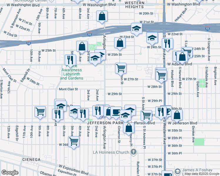 map of restaurants, bars, coffee shops, grocery stores, and more near 2272 West 27th Street in Los Angeles