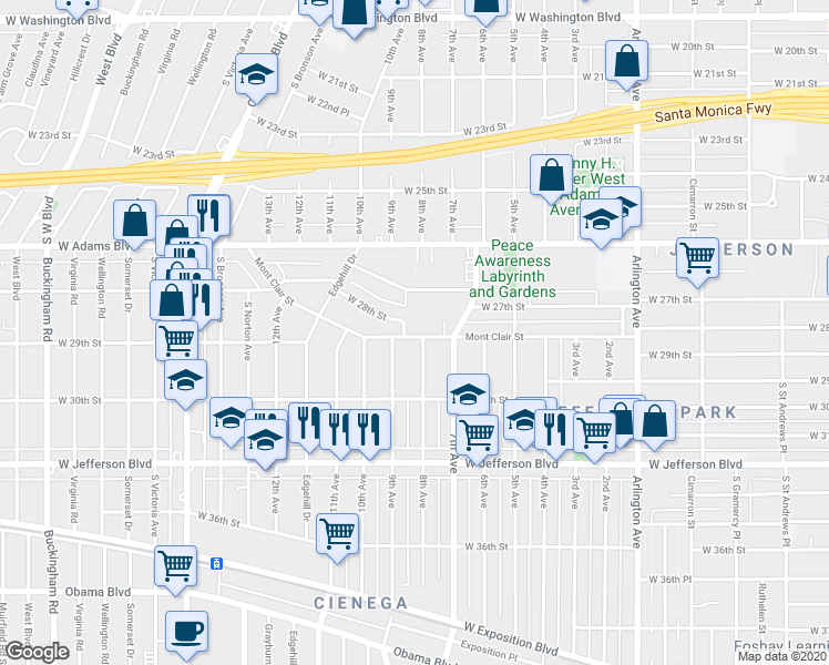 map of restaurants, bars, coffee shops, grocery stores, and more near 3800 West 27th Street in Los Angeles