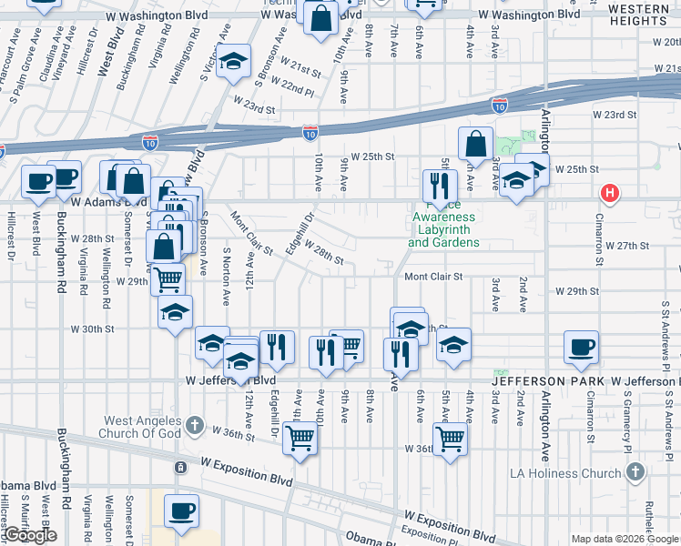 map of restaurants, bars, coffee shops, grocery stores, and more near 3837 West 28th Street in Los Angeles
