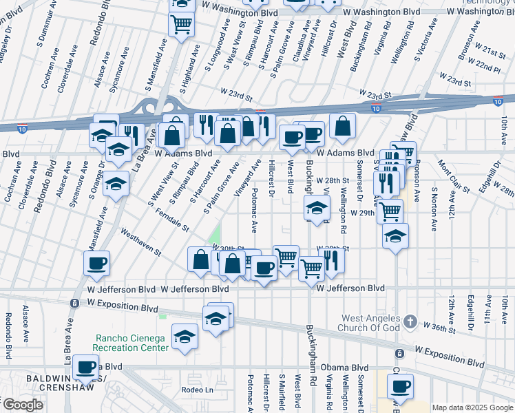 map of restaurants, bars, coffee shops, grocery stores, and more near 2822 Potomac Avenue in Los Angeles