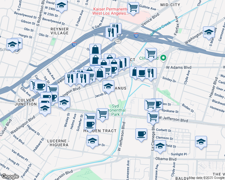 map of restaurants, bars, coffee shops, grocery stores, and more near 3115 Roberts Avenue in Culver City