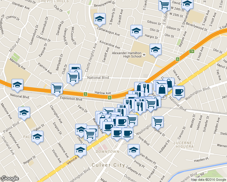 map of restaurants, bars, coffee shops, grocery stores, and more near 3330 South Canfield Avenue in Los Angeles