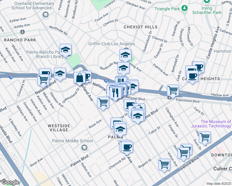map of restaurants, bars, coffee shops, grocery stores, and more near 10405 Irene Street in Los Angeles