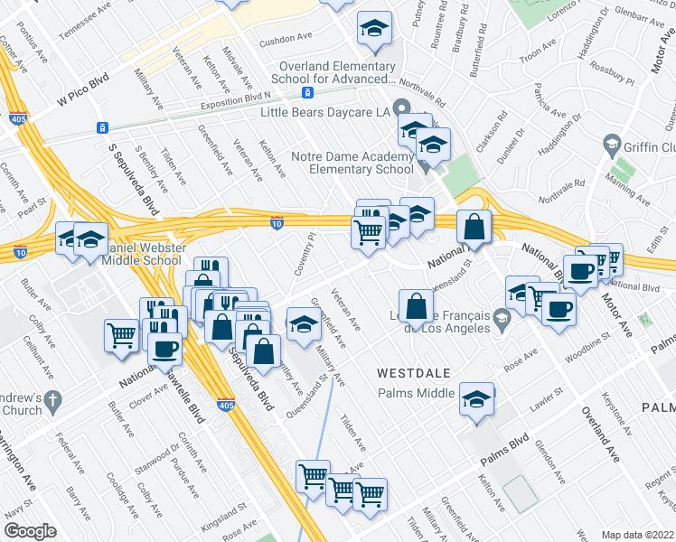 map of restaurants, bars, coffee shops, grocery stores, and more near 2949 Kelton Avenue in Los Angeles